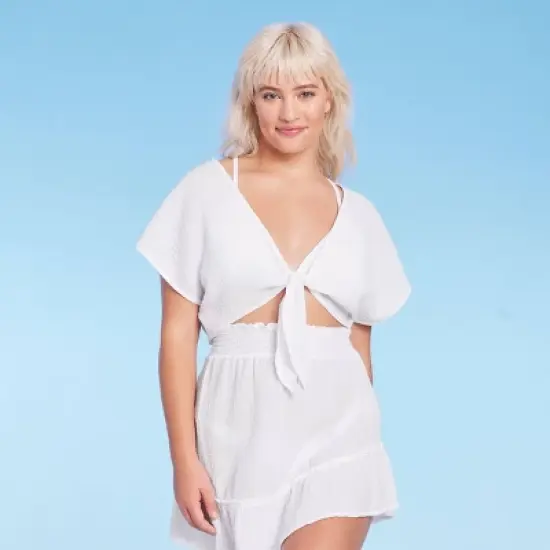 Women's Tie-Front Cover Up Short Sleeve Crop Top - Wild Fable&trade; White image {2}