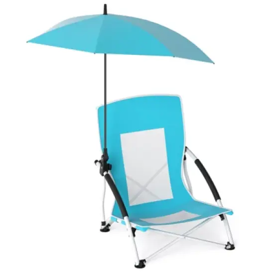 Costway 1/2 PCS Portable Beach Umbrella Chair with Hexagonal Parasol Comfy Armrest Breathable Seat Pink image {9}