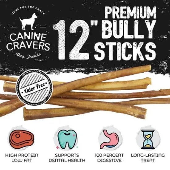Canine Cravers Maplewood Smoked Bully Sticks 12&rdquo; Inch Pack of 5 - 100% Natural Free Range Grass Fed Beef - Made in Canada Dog Chews High Protein image {2}