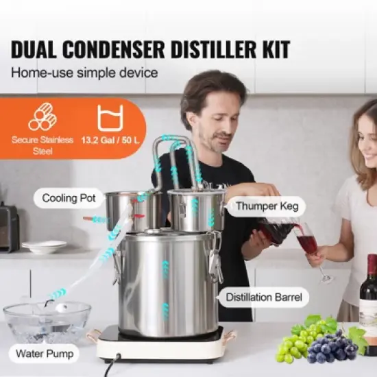 VEVOR Alcohol Still, 13.2 Gal / 50 L Stainless Steel Water Alcohol Distiller with Copper Coil for Fast Cooling, Dual Condenser Distiller Kit, Silver image {2}