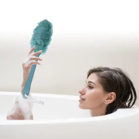 Unique Bargains Body Bath Brush Scrubber Loofah Shower with Long Handle for Skin Exfoliating PP Mesh Blue Pink 2 Pcs image {1}