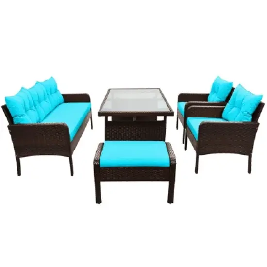 6 PCS Patio PE Rattan Conversation Set, Outdoor Wicker Sectional Sofa with Removable Cushions and Tempered Glass Table-ModernLuxe image {1}