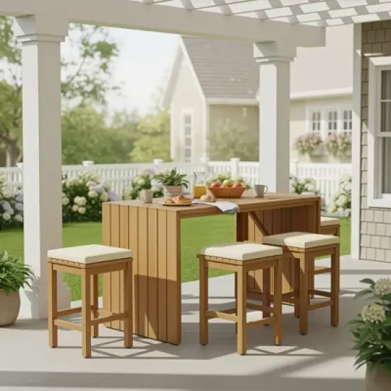 5 Piece Outdoor Bar Set, Patio Acacia Wood Dining Set with Bar Height Table & 4 Stools for Backyard, Poolside, Balcony, Beige - ModernLuxe image {12}