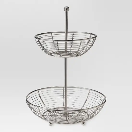 Matte Finish 2-Tier Fruit Basket - Threshold&trade;: Steel Round Fruit Stand Holder, Silver, Spot Clean, 17" Height image {1}