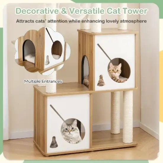 Tangkula Modern Cat Tree 57" Wood Cat Tower with Sisal Scratching Posts Padded Top Perch 2 Cat Condos Hanging Hammock & Climbing Ladder image {6}