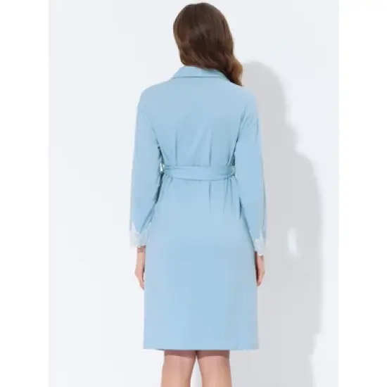 cheibear Womens Robe Knit Lace Trim Lounge Sleepwear Long Sleeve Bathrobe image {2}