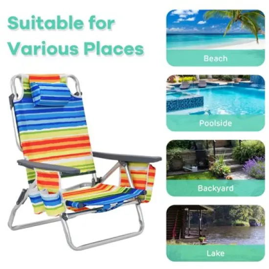 Gymax 2-piece Beach Chair Set 5 Adjustable Position Reclining Chairs Folding Backpack Chairs Cup Holders Storage Bag Towel Bar and Iced Bag Set of 2 image {6}