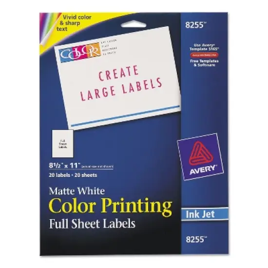 Avery Full-Sheet Vibrant Color-Printing Labels 8 1/2 x 11 Matte White 20/Pack 8255 image {8}