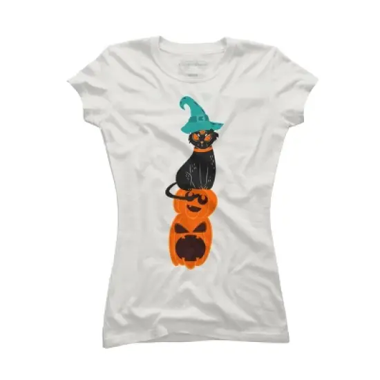 Junior's Design By Humans Halloween Pumpkins and Witch Cat By famenxt T-Shirt image {3}
