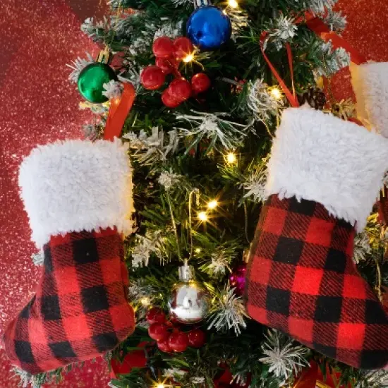 Joyfy 12 Pcs Mini Christmas Stocking, 5" Red Black Plaid Xmas Stockings for Christmas Tree Decoration Xmas Holiday Decor Party Favors image {4}