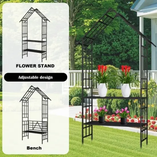 Chery Life Metal Garden Arch with Gate with planter, Climbing Plants Support Rose Arch Outdoor Black image {4}