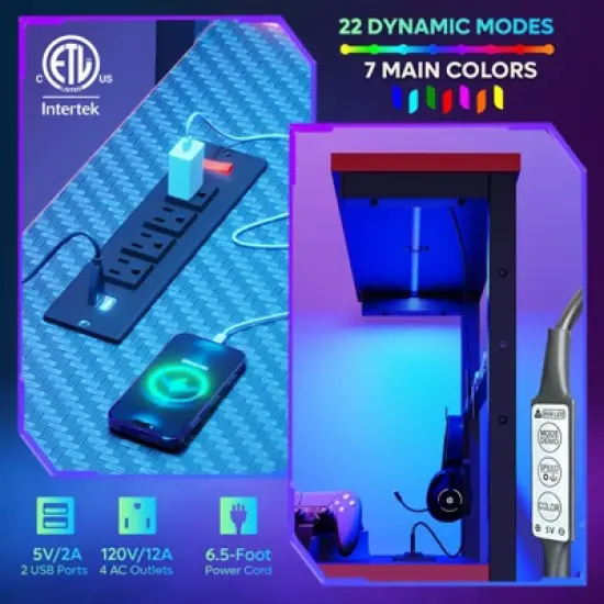 Bestier 44&rdquo; Gaming Desk with Power Outlets & USB Ports, LED PC Gamer Desk with 4-Tier Storage Shelves, Computer Office Desk for Small Spaces image {2}