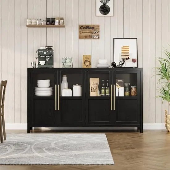 55'' Large Sideboard Buffet Cabinet, Glass Door Kitchen Storage Cabinet, Wooden Farmhouse Coffee Bar Cabinet, Buffet Table with Storage image {2}