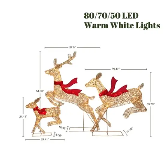 LuxenHome 3-Piece Champagne Gold PET Running Deer Family Outdoor Holiday Decoration with Lights Brown, Red image {1}