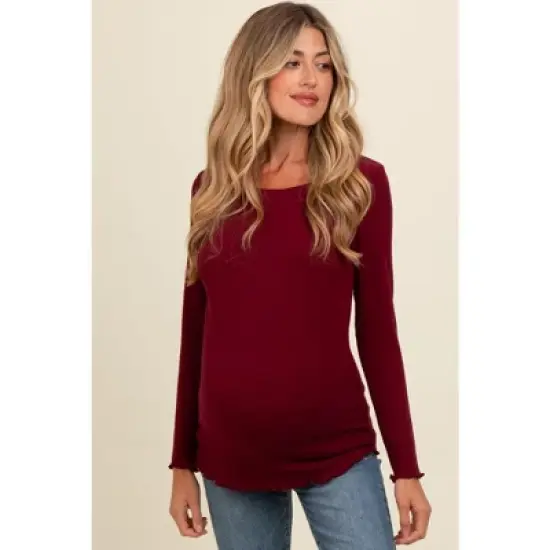 PinkBlush Burgundy Ribbed Knit Long Sleeve Lettuce Hem Maternity Top image {1}