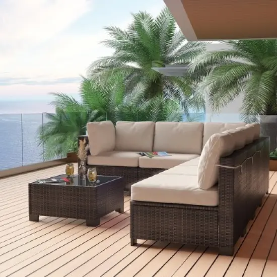 7-Piece Wicker Patio Sofa Set, Outdoor Sectional Couches with Coffee Table and Cushions for Garden and Porch image {6}