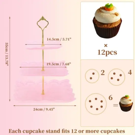 Unique Bargains 3 Tier Dessert Cupcake Stand Square with Tiered Serving Tray for Donuts Fruits Pink Gold Tone image {1}