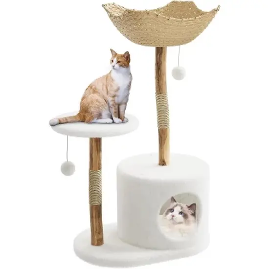 Modern Cat Tree Tower 46-Inch - Solid Wood & Rattan, Cat Tree for Large Cat, Stable Wide Base, Multifunctional Cozy Plush Cat Perches image {8}
