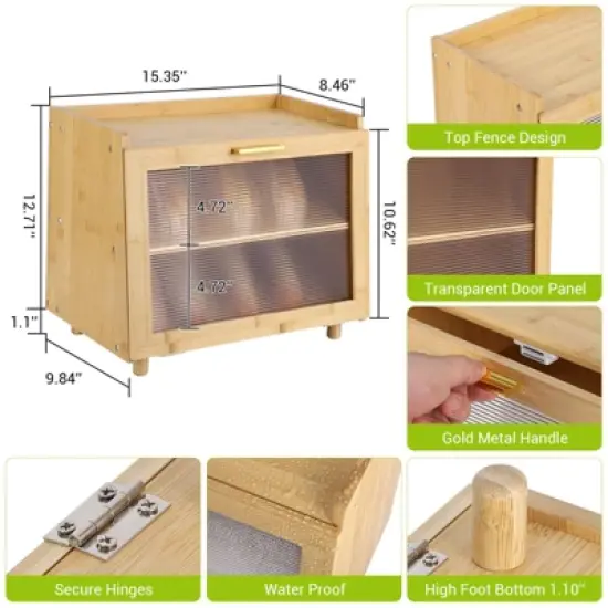 Farmhouse Style Bamboo Bread Box - 2-Tier Storage with Clear Door & Non-Slip Base - Rustic Kitchen Countertop Organizer image {1}