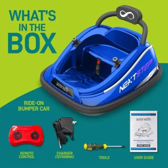 Serenelife 360 Degree Spinning Bumper Car with Adjustable Safety Belt, Control Panel, Soft Bumper, Flashing Lights, Built In Battery & Wheels, Blue image {2}