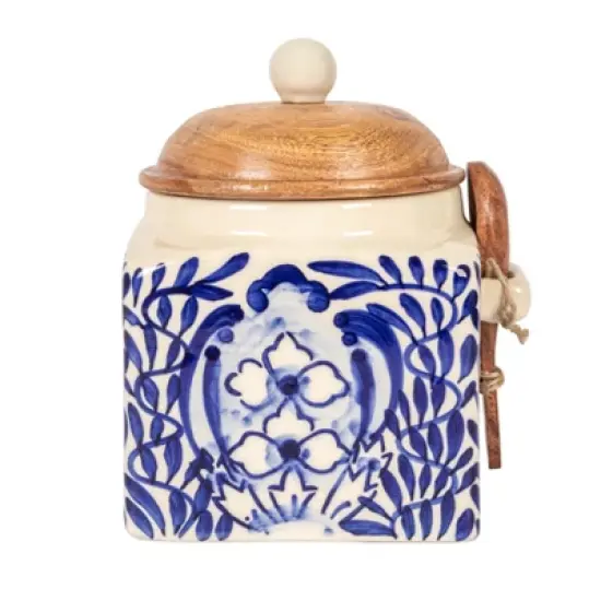 Storied Home Hand-Painted Stoneware Canister with Design, Acacia Wood Lid and Spoon, Cream, Blue and Natural image {6}