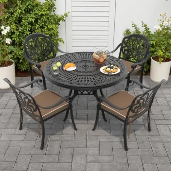 5-Piece Cast Aluminum Outdoor Dining Set with Brown Cushions, Round Table & Stackable Chairs - for Patio, Backyard image {10}