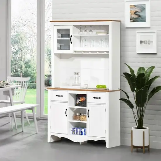 HOMCOM 71" Kitchen Buffet with Hutch, Farmhouse Style Storage Pantry with 2 Drawers, 3 Door Cabinets and 3 Shelves, White image {4}
