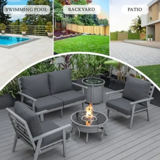 LeisureMod Walbrooke 4-Piece Outdoor Patio Conversation Set &ndash; Grey Trim Fire Pit Table with Cushioned Ottoman for Patio, Deck, Balcony & Backyard image {4}