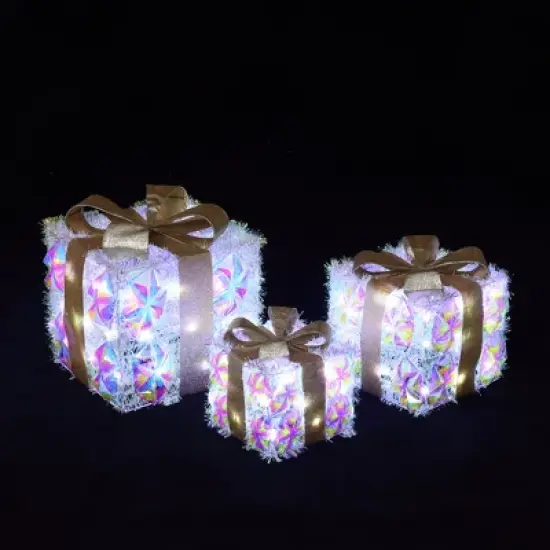 LuxenHome 3-Piece Prism Gift Boxes with Gold Ribbon Holiday Decoration with Lights Multicolored, Gold, White image {5}