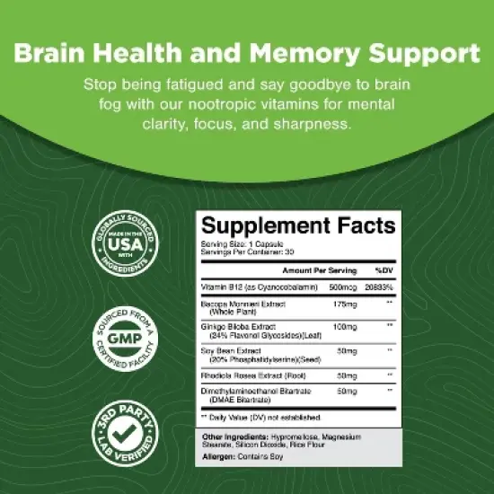 Nootropic Memory Supplement for Brain Support + IQ, Memory Pills for Brain Boost & Natural Energy Booster Vitamin B12 Supplement, Nature's Craft, 30ct image {2}