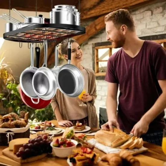 MaseiKar Hanging Pot Rack Ceiling Mount Cookware Organizer with 12pcs Hooks Pots and Pans Storage 33' Oval Pan Hangers for Kitchen, Easy Assembly image {2}