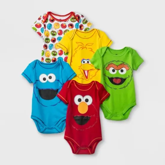 Baby 5pk Sesame Street Elmo/CookieMonster/Oscar the Grouch/Big Bird Bodysuit - Red/Yellow/Blue image {1}