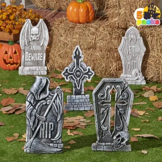Joyfy 5pcs 17" Halloween Foam Tombstones Decoration, Halloween Graveyard Headstone Prop Cemetery Decoration with 12 Metal Stakes, Outdoor Yard Lawn image {1}