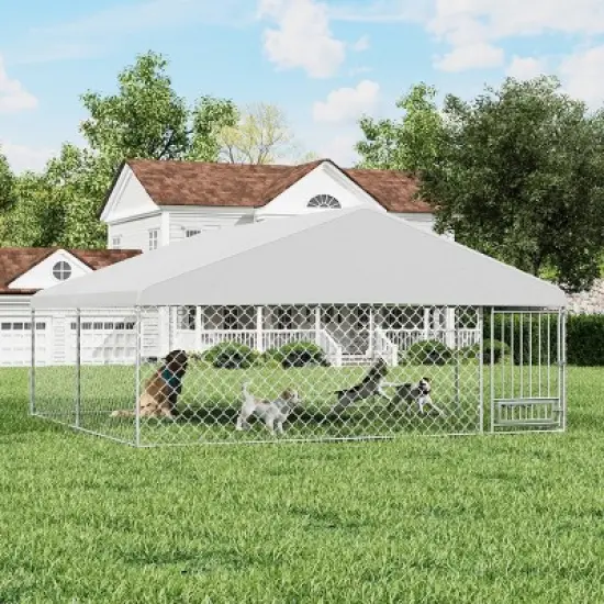 EROMMY 13'X13' Large Outdoor Dog Kennel, Heavy Duty Outdoor Dog Kennel With Waterproof Cover And Rotating Feeder image {3}