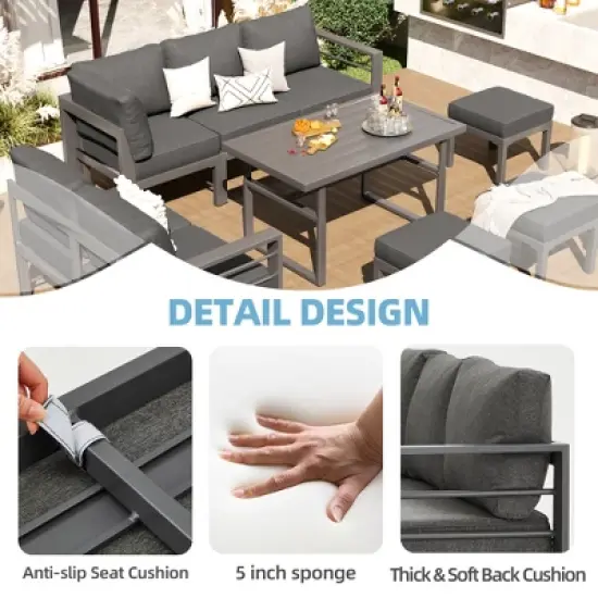 COWLOWN 7 Piece Dark Gray Modern Aluminum Outdoor Furniture Sofa Set with Conversation Table and Chairs, Ideal for Lawn, Backyard & Deck image {2}