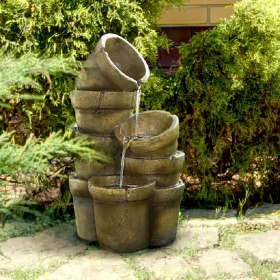 Teamson Home Outdoor Cascading Stacked Pot Waterfall Fountain, Brown image {2}