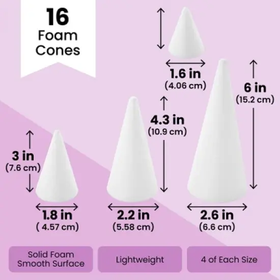 Bright Creations 16 Pack Foam Cones for Crafts, 4 Assorted Sizes for Holiday Decorations, Handmade Gnomes (White, 2.2-6 In) image {2}