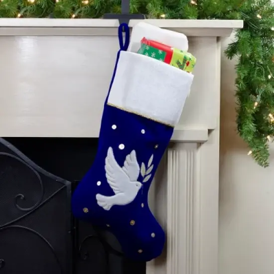 Northlight 20.5" Royal Blue and White Velvet Dove with Olive Branch Christmas Stocking image {1}