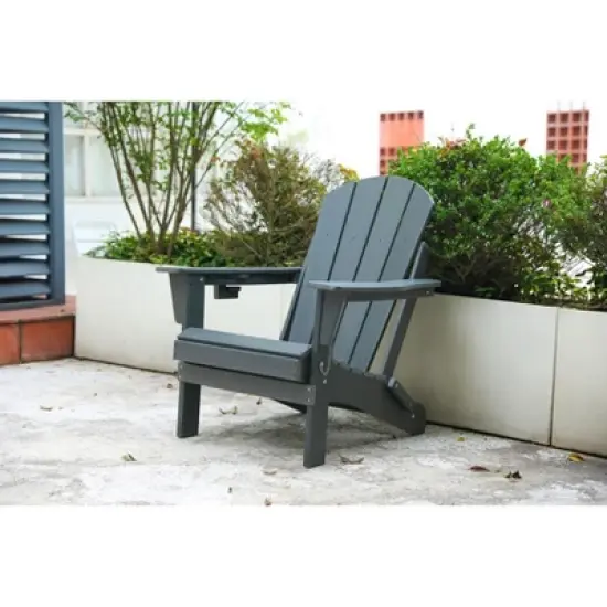 Akoasm Composite Foldable Wood Texture Adirondack Chair With Dual Cup Holder-Gray image {2}