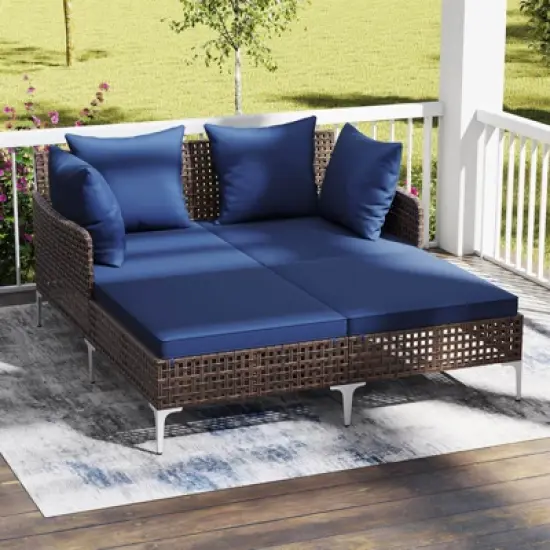 Costway Outdoor Patio Daybed PE Rattan Sunbed with Sponged-Filled Pillows and Cushions Brown/Navy image {11}