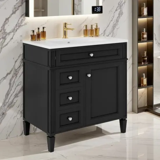 SpassWay 30"L White Modern Bathroom Vanity with Sink 2 Drawers Tip Out Storage Cabinet image {2}
