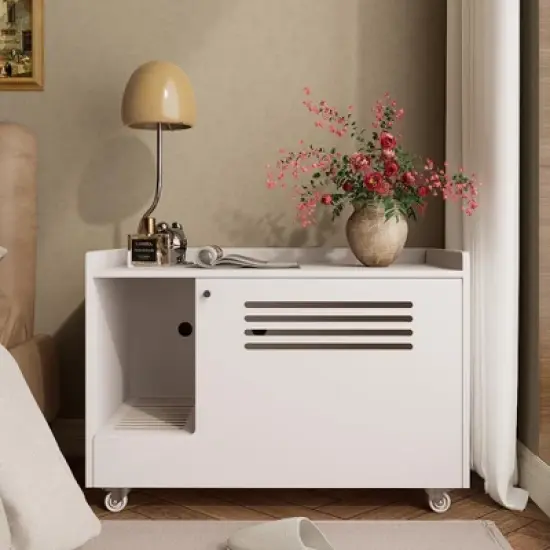 TiramisuBest White Hidden Cat Litter Box Enclosure with Top/Side Fence, Wooden Pet House Side Table for Living Room/Bedroom, Fits Most Litter Boxes image {11}