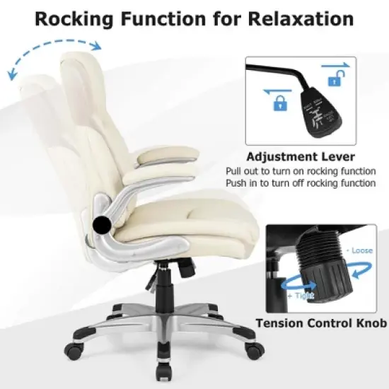 Costway Ergonomic Office Chair PU Leather Executive Swivel with Flip-up Armrests Brown/White/Black image {5}