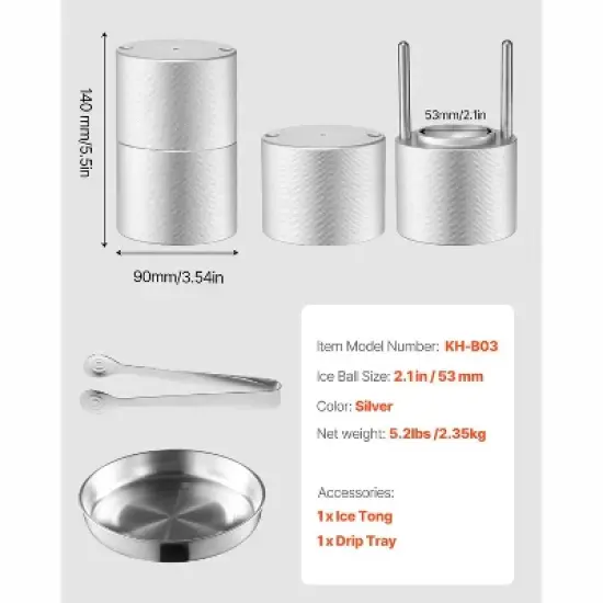 VEVOR Ice Ball Press, 2.1" Ice Ball Maker, Aviation Aluminum Ice Ball Press Kit for 53mm Ice Sphere, Ice Press with Tong and Drip Tray image {7}
