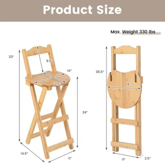 Costway Set of 2 Bamboo Folding Barstools Counter Height Dining Chairs Installation Free image {3}