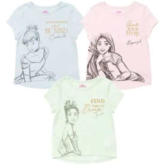Disney Princess Ariel Cinderella Tiana Moana Jasmine Belle Girls 3 Pack T-Shirts Toddler to Big Kid  image {10}