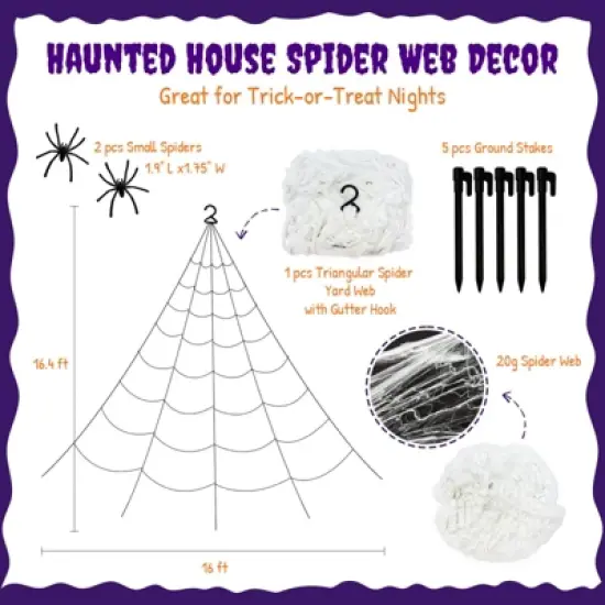 Wrapables 16ft Giant Triangular Spider Web Kit with Cobwebs and 2 Small Spiders, Indoor Outdoor Haunted House Halloween Decor image {1}