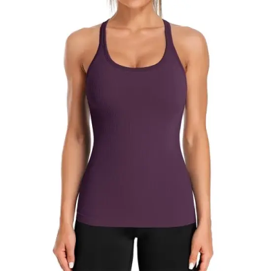 Attraco Women's Ribbed Workout Tank Tops with Built in Bra Tight Racerback Scoop Neck Athletic Top Yoga Tops image {7}