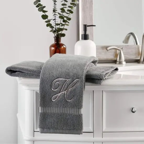 Juvale 2 Pack Letter H Monogrammed Hand Towels, Gray Cotton Hand Towels with Silver Embroidered Initial H for Wedding Gift, Baby Shower, 16 x 30 in image {1}
