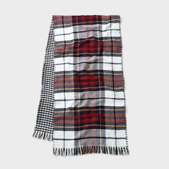 Men's Plaid Woven Oblong Scarves - Goodfellow & Co&trade; White/Navy/Orange/Yellow image {1}